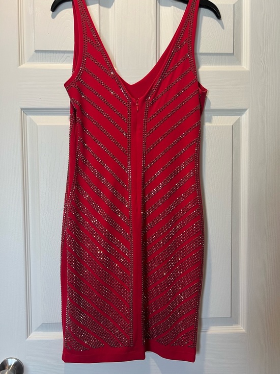 Cache Red V-Neck Rhinestone-Embellished Mini Dress - Picture 3 of 4